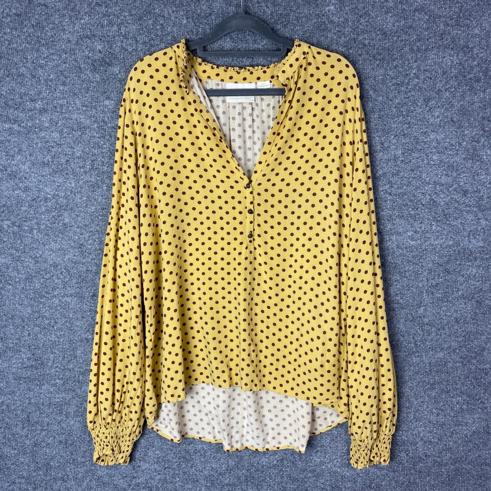 Maeve by Anthropologie Yellow Polka‎ Dot Ruffle Neck V-Neck Blouse Top XLarge